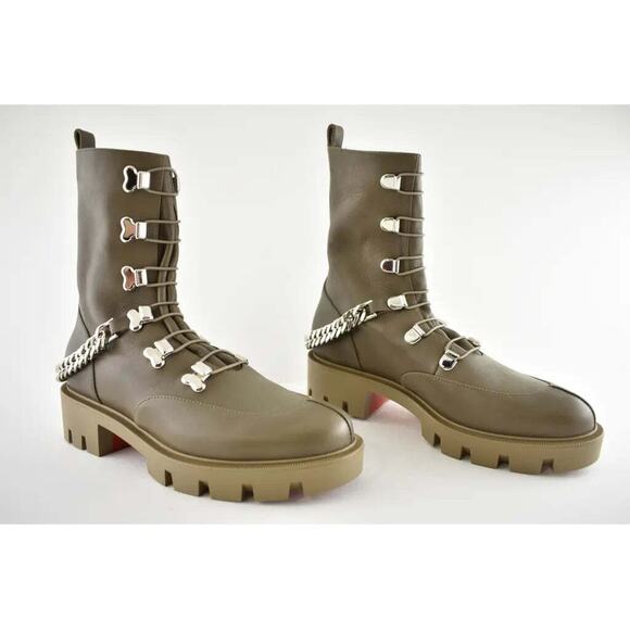 Christian Louboutin Horse Flat Silex Grey Leather Combat Lace Up Chain Boot 36 - Picture 4 of 12